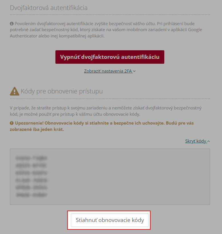 Stiahnutie kódov pre obnovenie prístupu