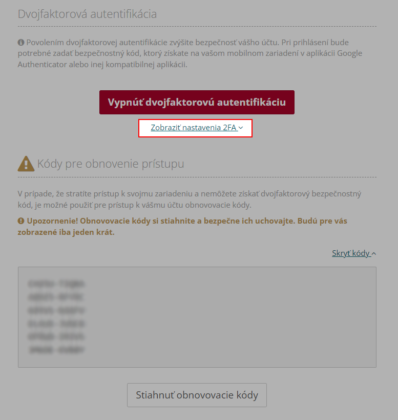 Zobrazenie nastavení dvojfaktorovej autentifikácie